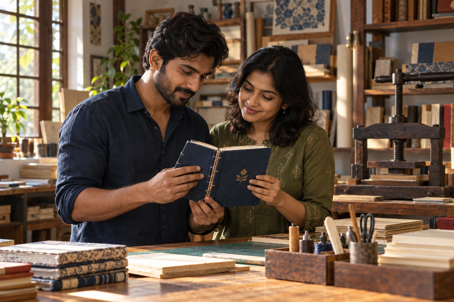 புத்தகப் பட்டறையில் நிலாவுக்கான பரிசைத் தயாரிக்கும் அர்ஜுனும் யாழினியும்.
