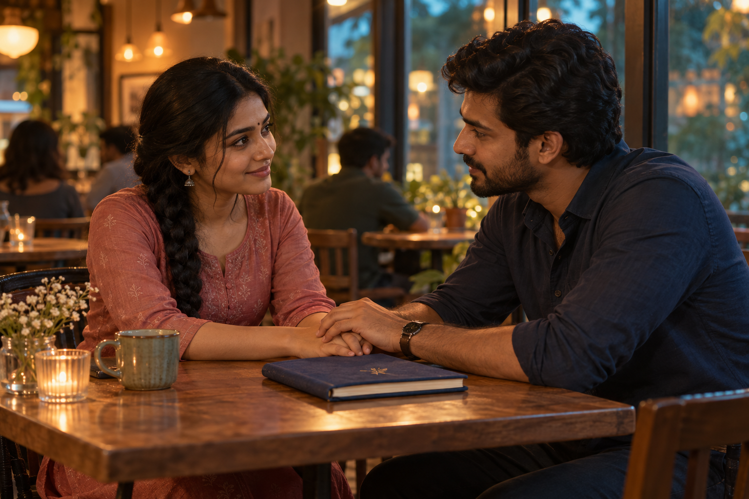 தேநீர்க் கடையில் நீல நிறப் புத்தகத்துடன் மனம் திறந்து பேசும் அர்ஜுனும் நிலாவும்.